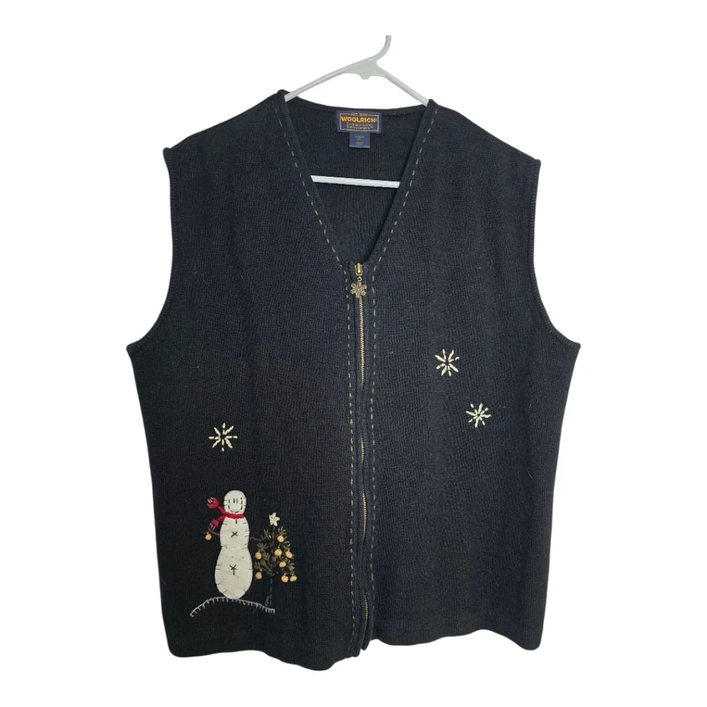Vintage Woolrich Winter Snowman Applique zip front Vest Black Vest sz XL - Picture 1 of 12
